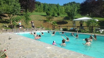 Piscina all'aperto, ombrelloni da piscina, lettini