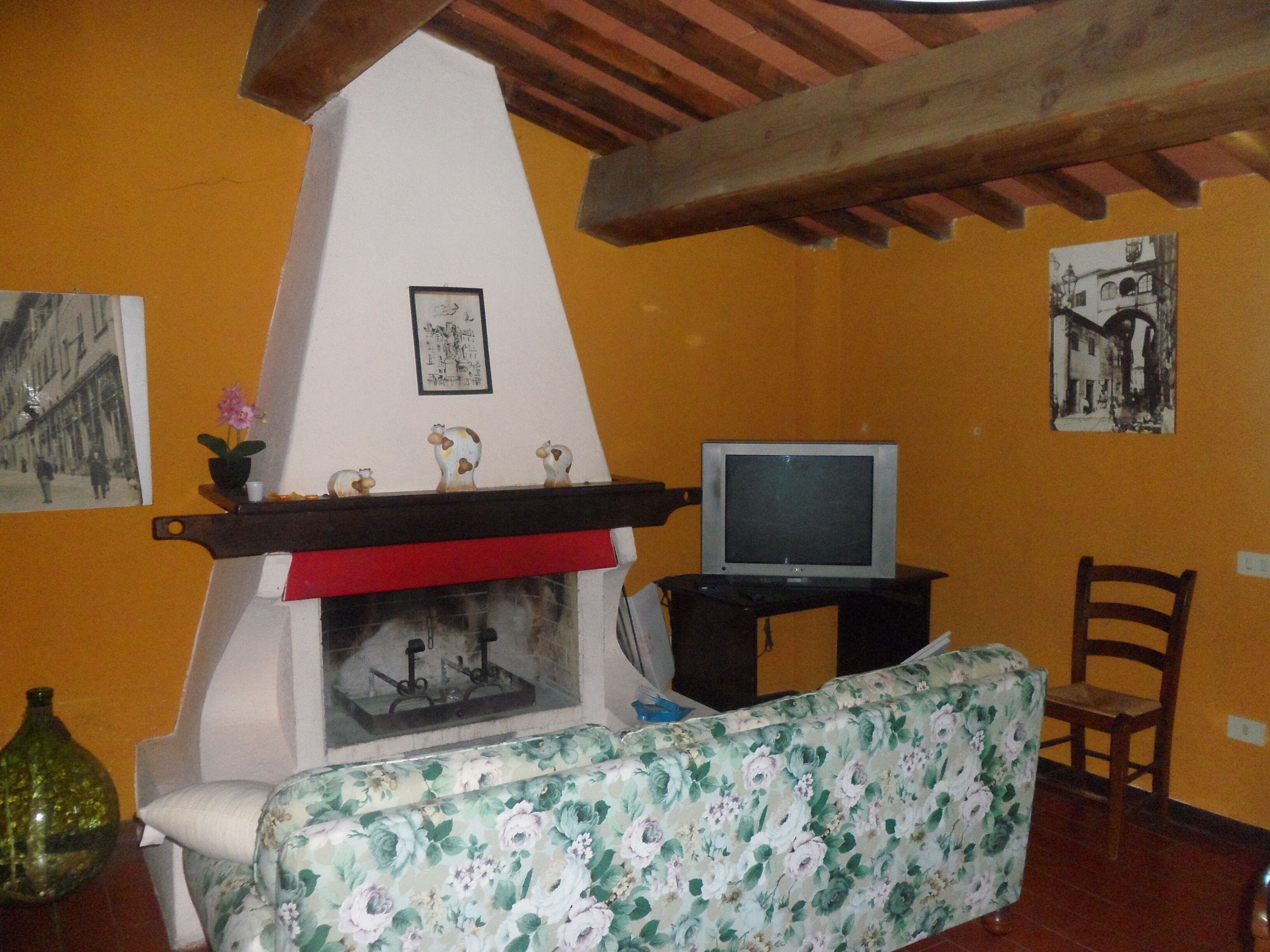 A living room with a fireplace, a television on a stand, a floral sofa, and a wooden chair.
