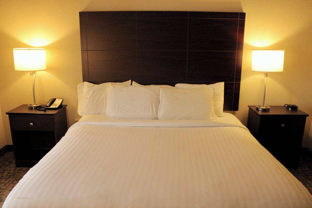 Una habitación de hotel con una cama grande, dos mesitas de noche con lámparas y un cabecero oscuro.