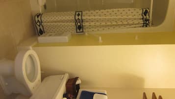 Une salle de bain avec des toilettes, un lavabo et une baignoire.