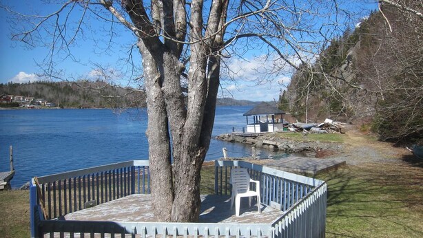 Une terrasse en bois avec un banc et un kiosque situés au bord d’un lac.