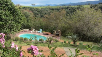 Outdoor pool, pool umbrellas, pool loungers