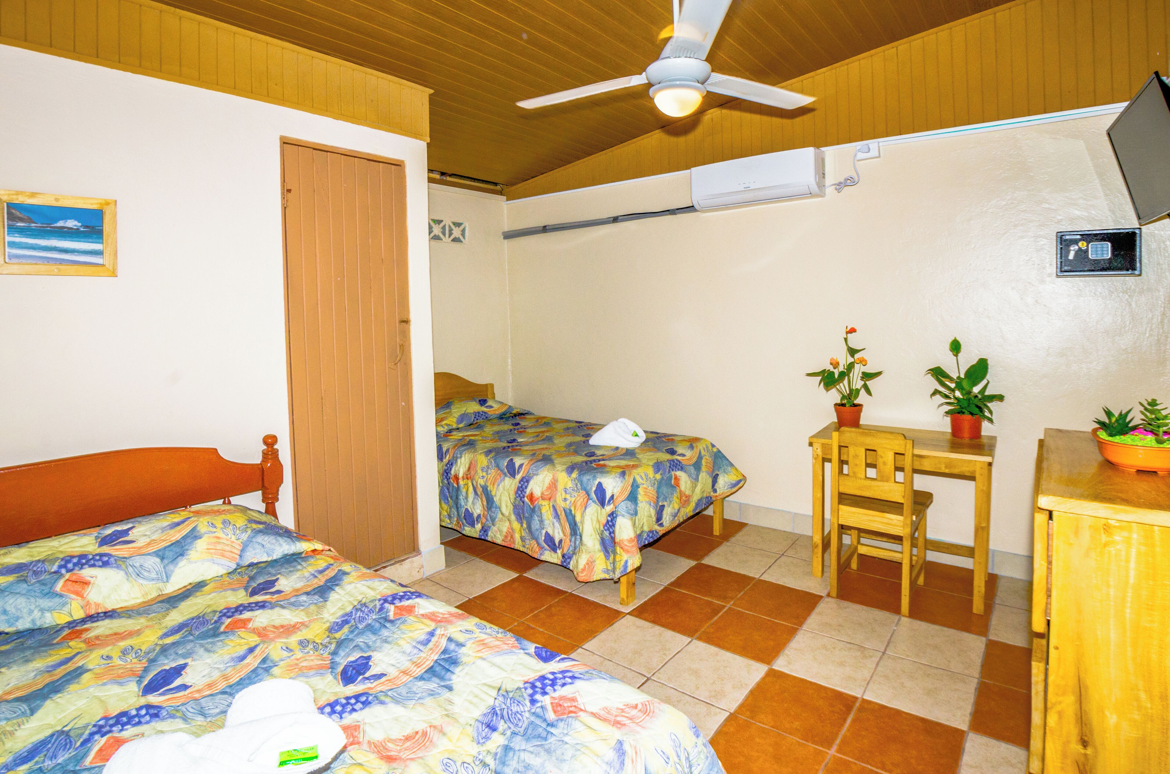 Une chambre avec deux lits, un ventilateur de plafond, une petite table ornée de plantes en pot et un bureau en bois.