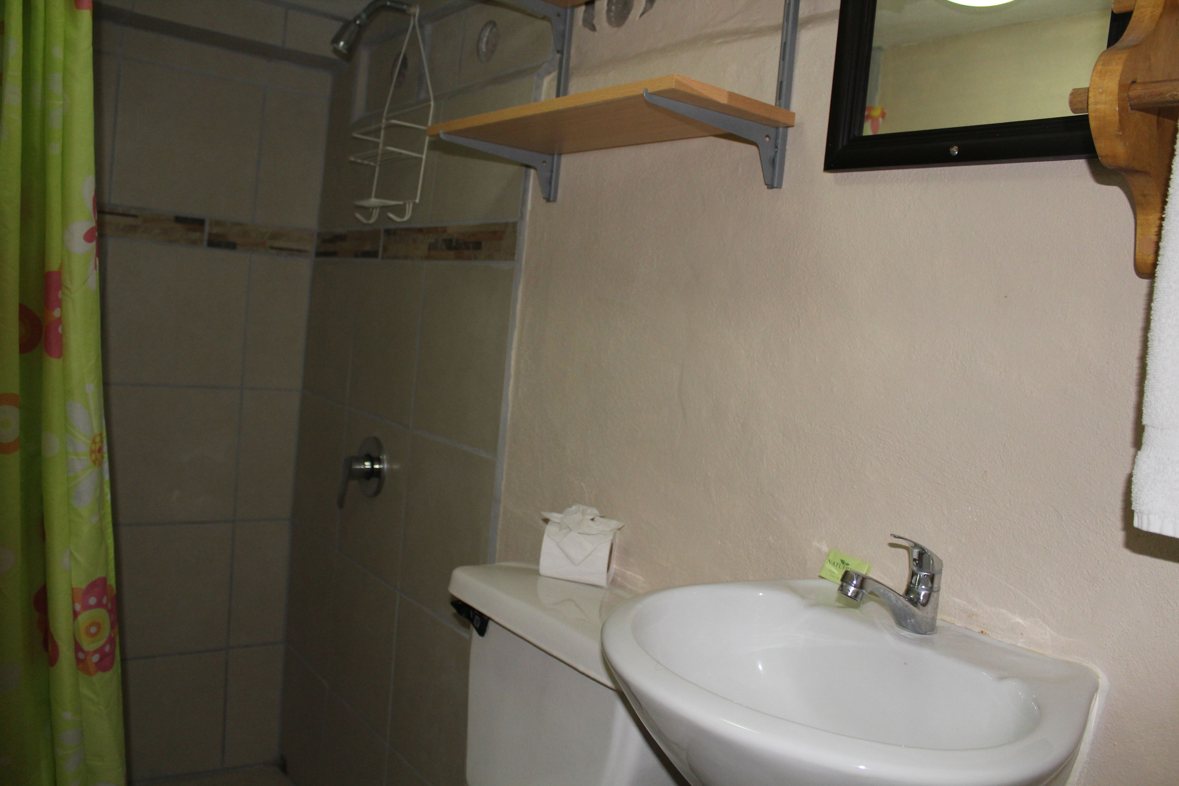 Ein Badezimmer mit Dusche, Toilette, Waschbecken und Spiegel.