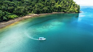 A boat on a clear turquoise sea with a forested island on the right. - Playa Cativo Lodge (Golfito)