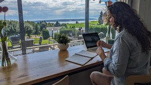 A person sitting at a wooden table with a laptop, notebook, and a potted plant. - Auberge de Nos Aïeux (Les Eboulements)
