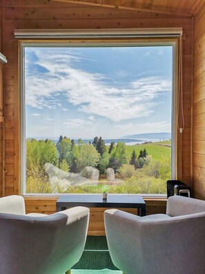 Cabaña panorámica, 1 cama de matrimonio, baño compartido, vistas al río | Zona de estar | Libros