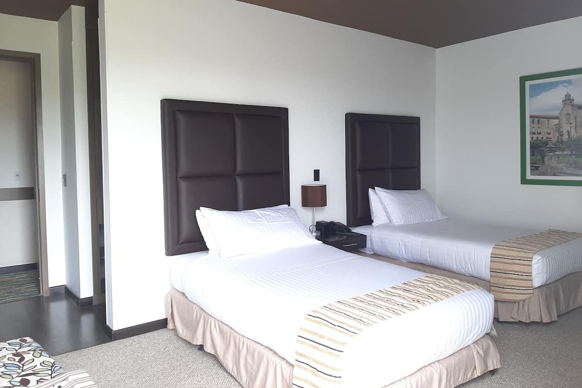 Una habitación de hotel con dos camas, una mesita de noche, una lámpara y un cuadro en la pared.