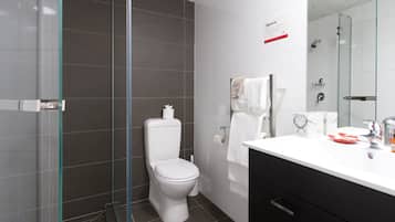 Shower, eco-friendly toiletries, hair dryer, towels