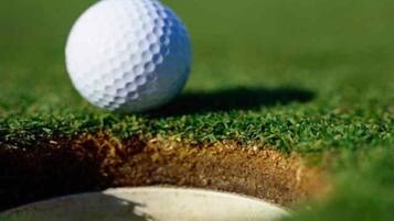 Una pelota de golf sobre césped con un hoyo cerca.