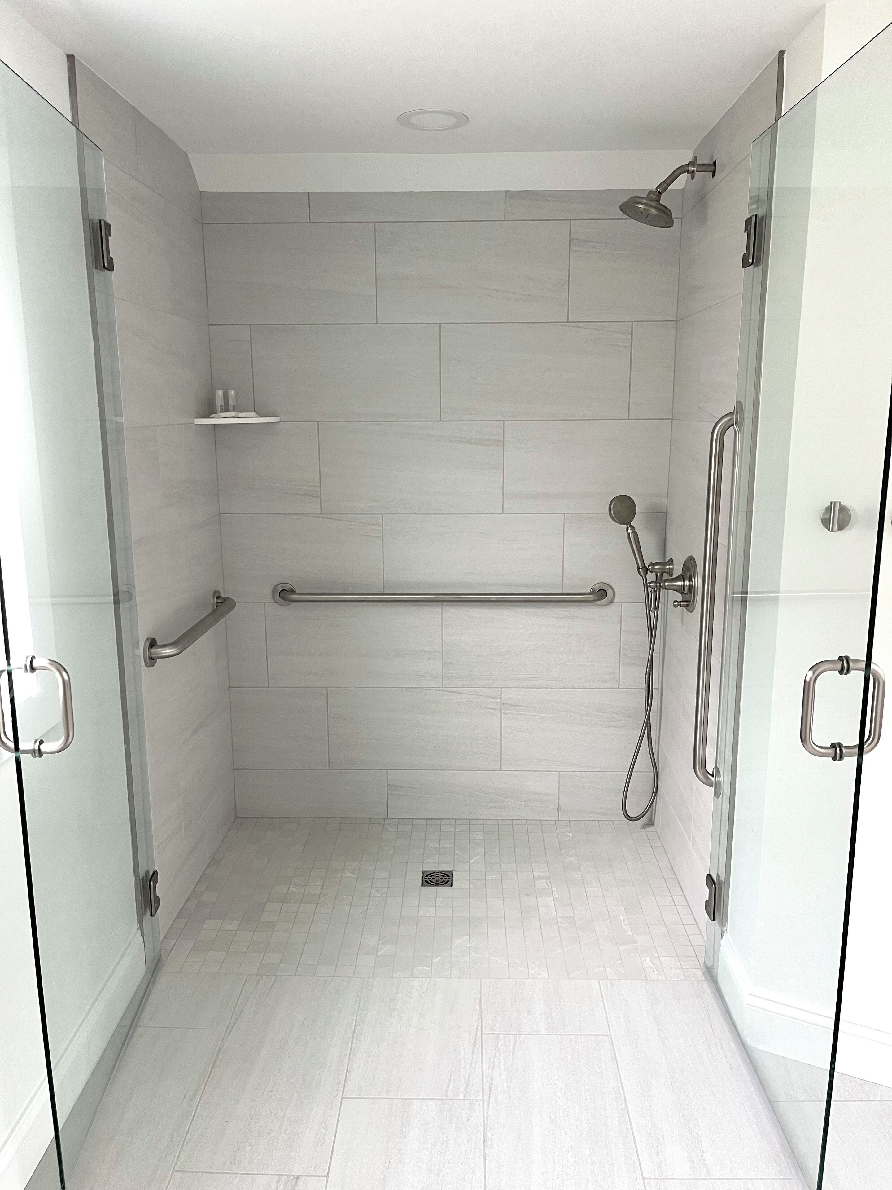 A modern shower room with a glass door, a handrail, and a showerhead.