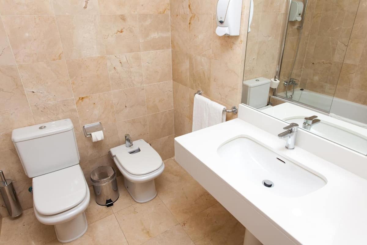 free toiletries, hair dryer, bidet, towels