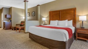 A hotel room with a large bed, a desk, a chair, and a small table.