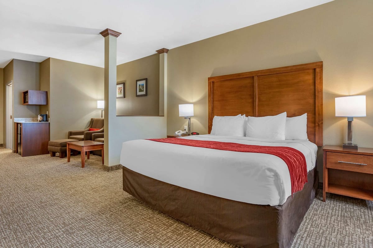 Une chambre d’hôtel avec un grand lit, un bureau, une chaise et une petite table.