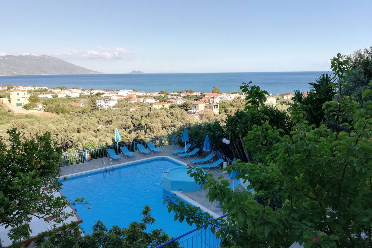 A swimming pool with sun loungers and umbrellas, surrounded by greenery and overlooking a coastal town.