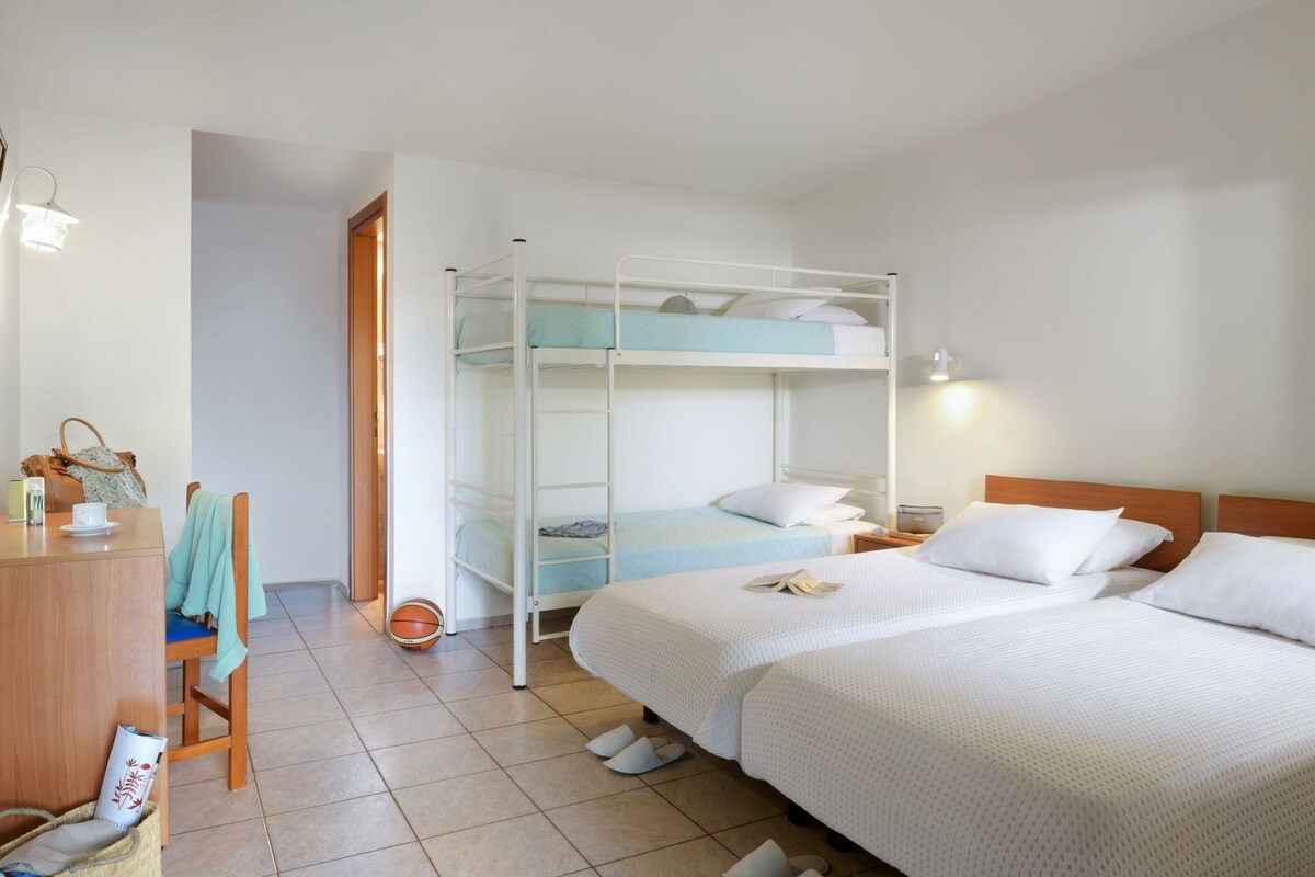 A dormitory room with bunk beds, a desk with a chair, a lamp, and a basketball on the floor.