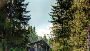 Un hotel de varios pisos con balcones, rodeado por un bosque denso y un muro de piedra.
