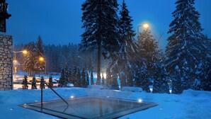 Un espacio exterior cubierto de nieve con suelo calefaccionado, rodeado de árboles cargados de nieve y un edificio de piedra.