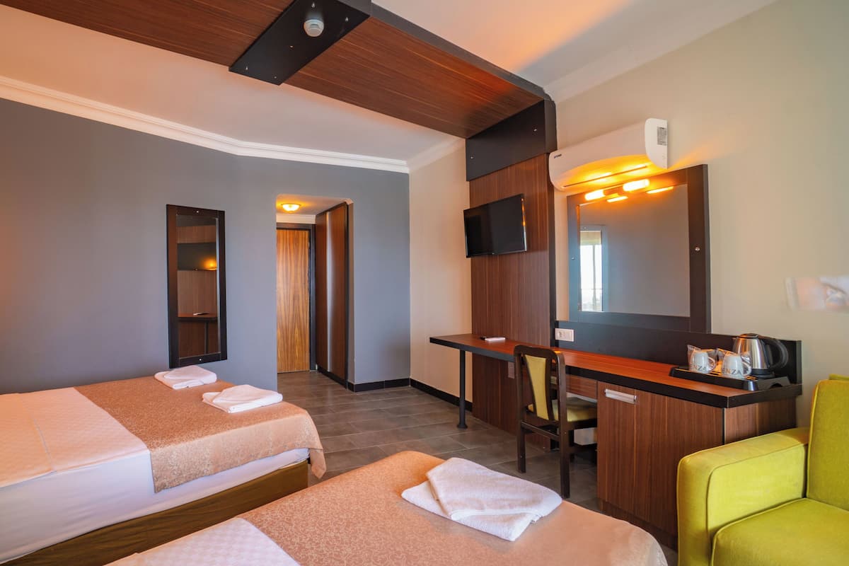 A hotel room with two beds, a desk, a chair, a TV, and a mirror.