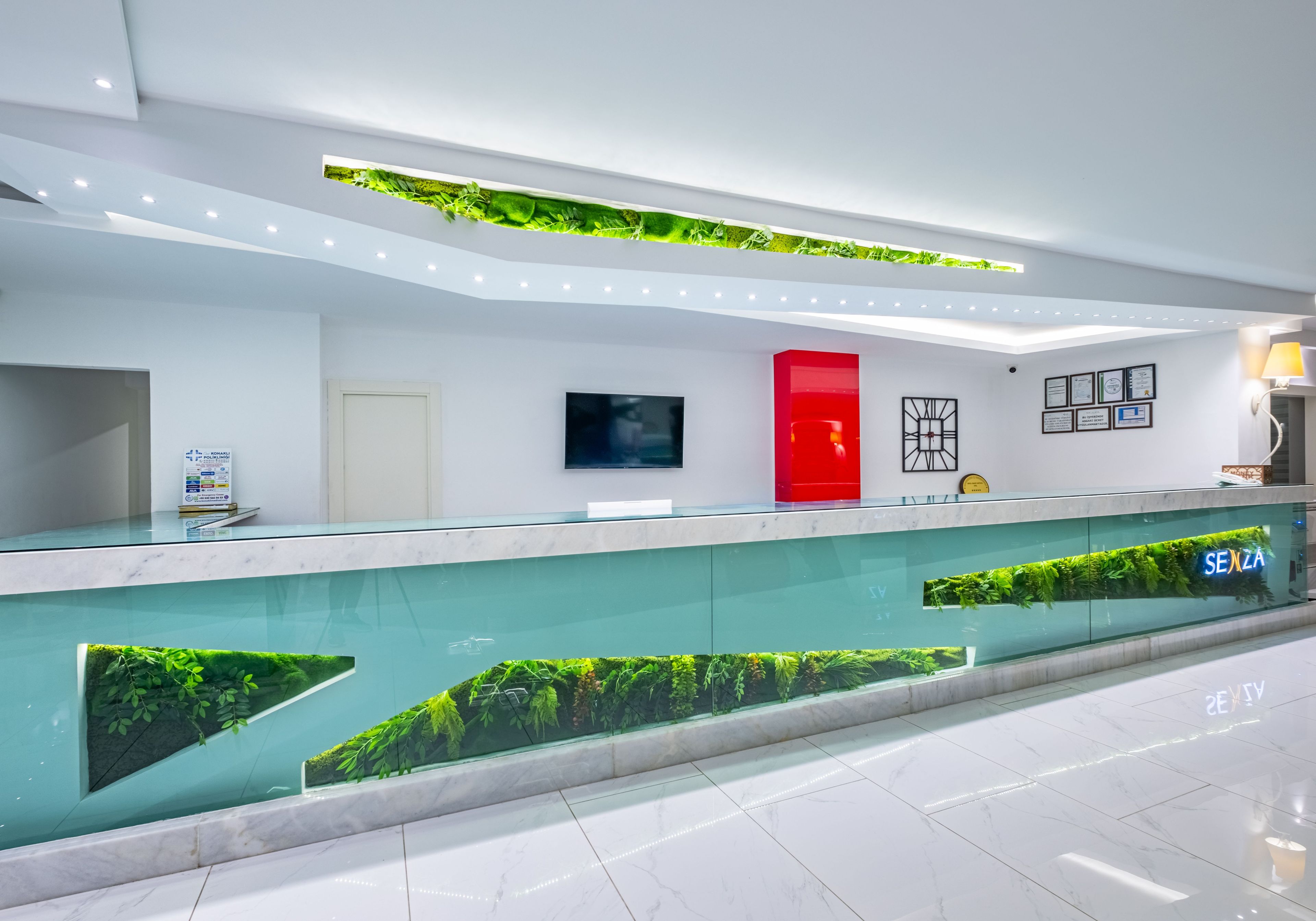 Un espace d’accueil moderne avec un comptoir en verre, des plantes vertes en exposition, une porte rouge et un téléviseur fixé au mur.