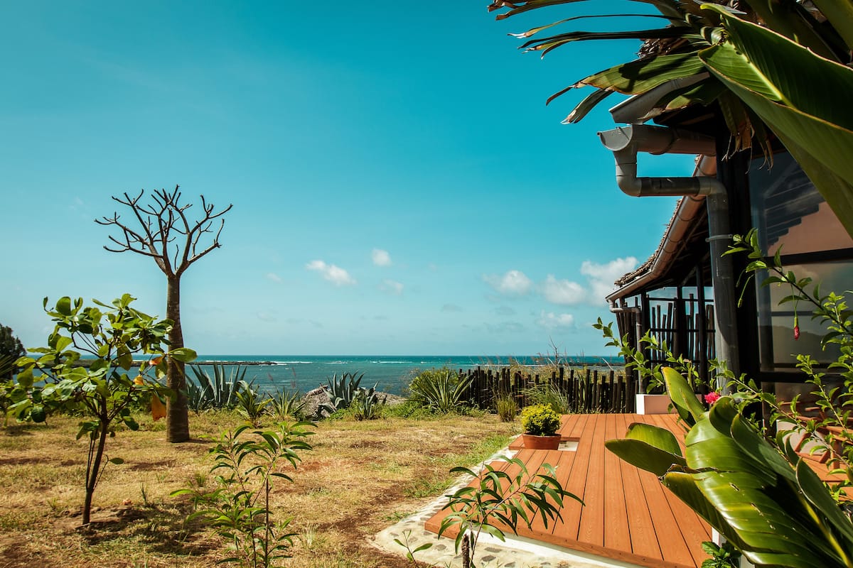 A wooden deck with a view of the ocean, surrounded by tropical plants and a tree.