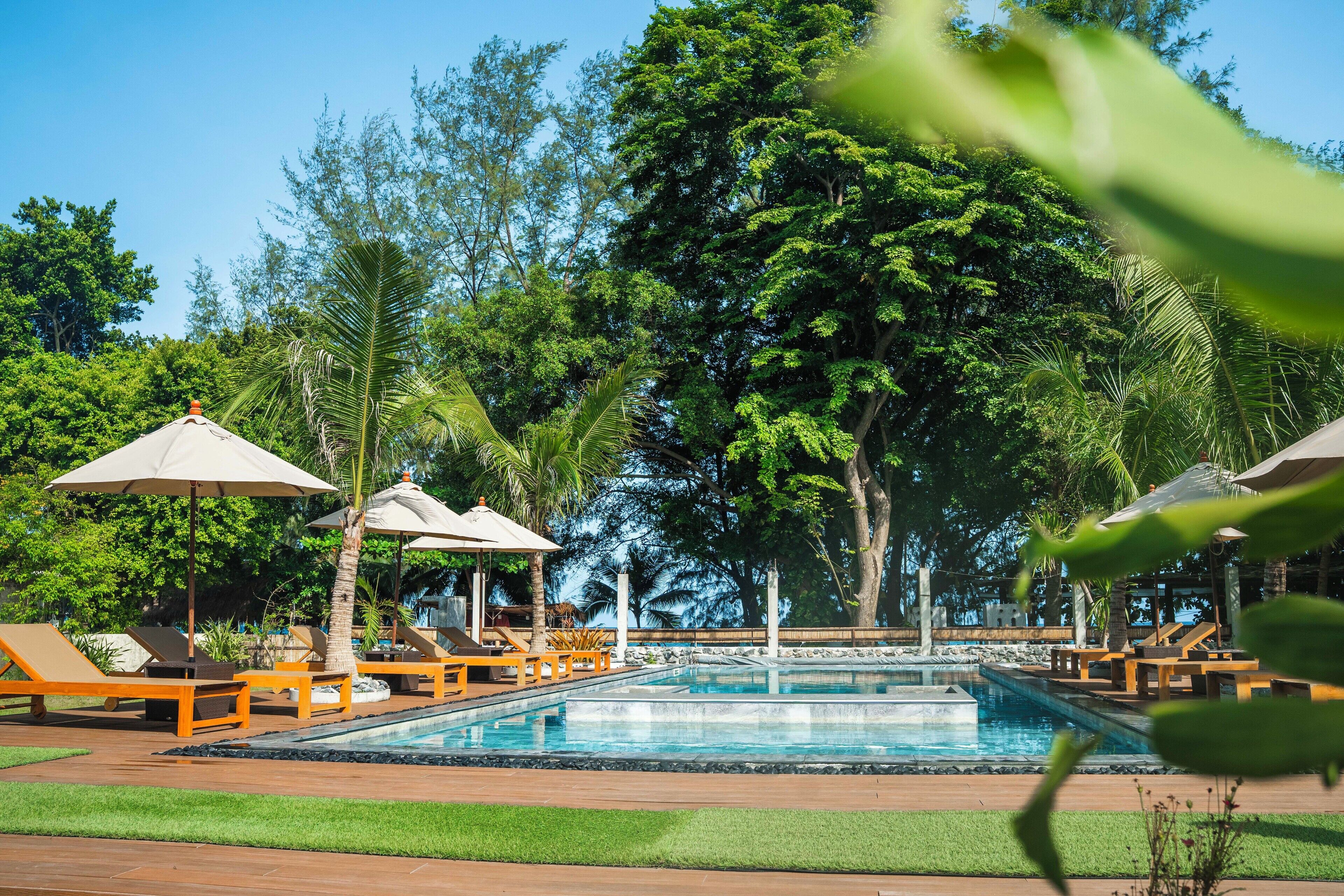 A pool area with lounge chairs and umbrellas, surrounded by lush greenery.
