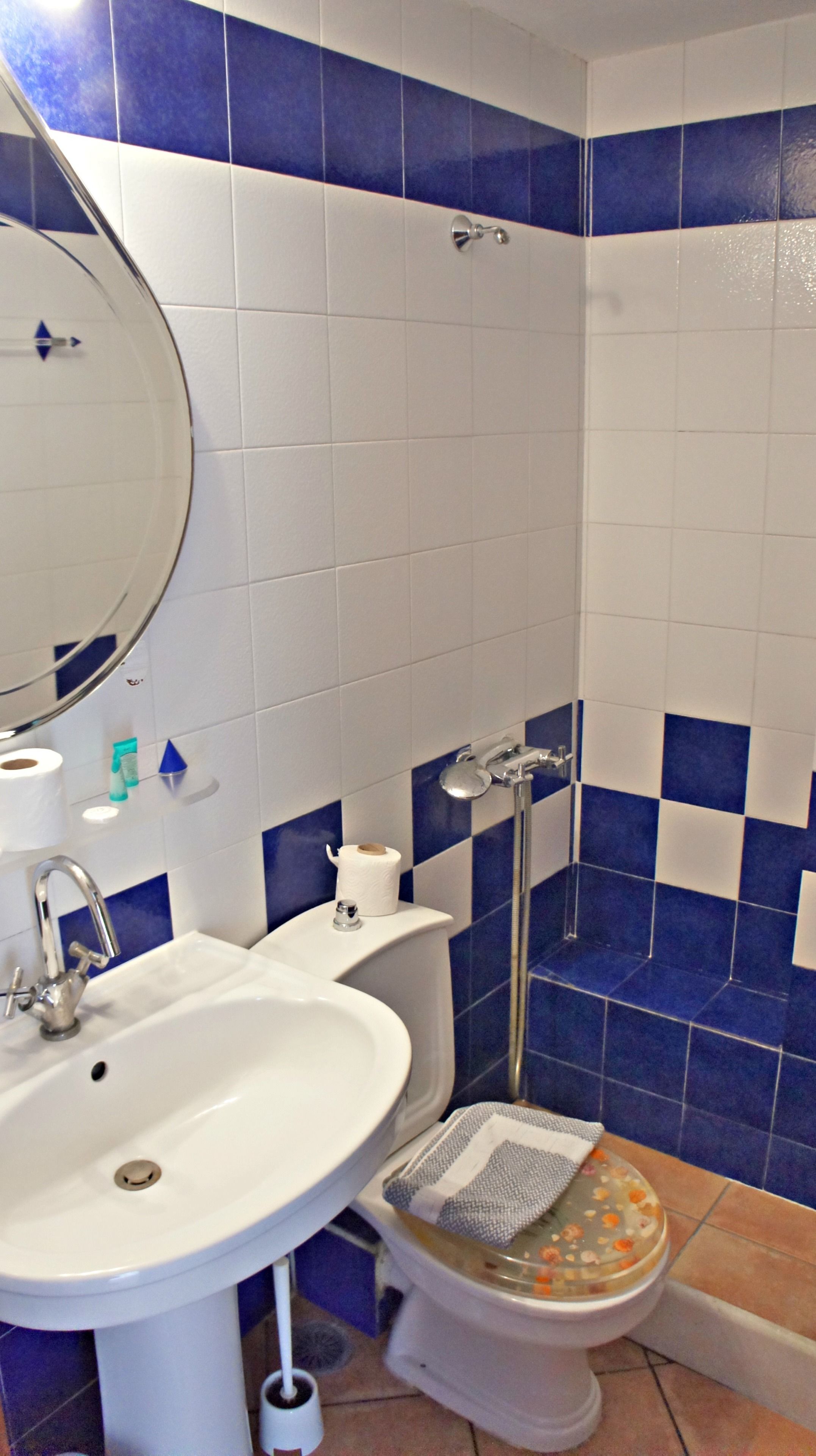 A bathroom with a white sink, a toilet with a decorative cover, a shower area, and blue and white tiled walls.