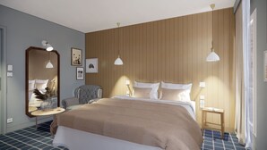 A modern bedroom with a large bed, a bedside table, a chair, a mirror, and wall-mounted lights.