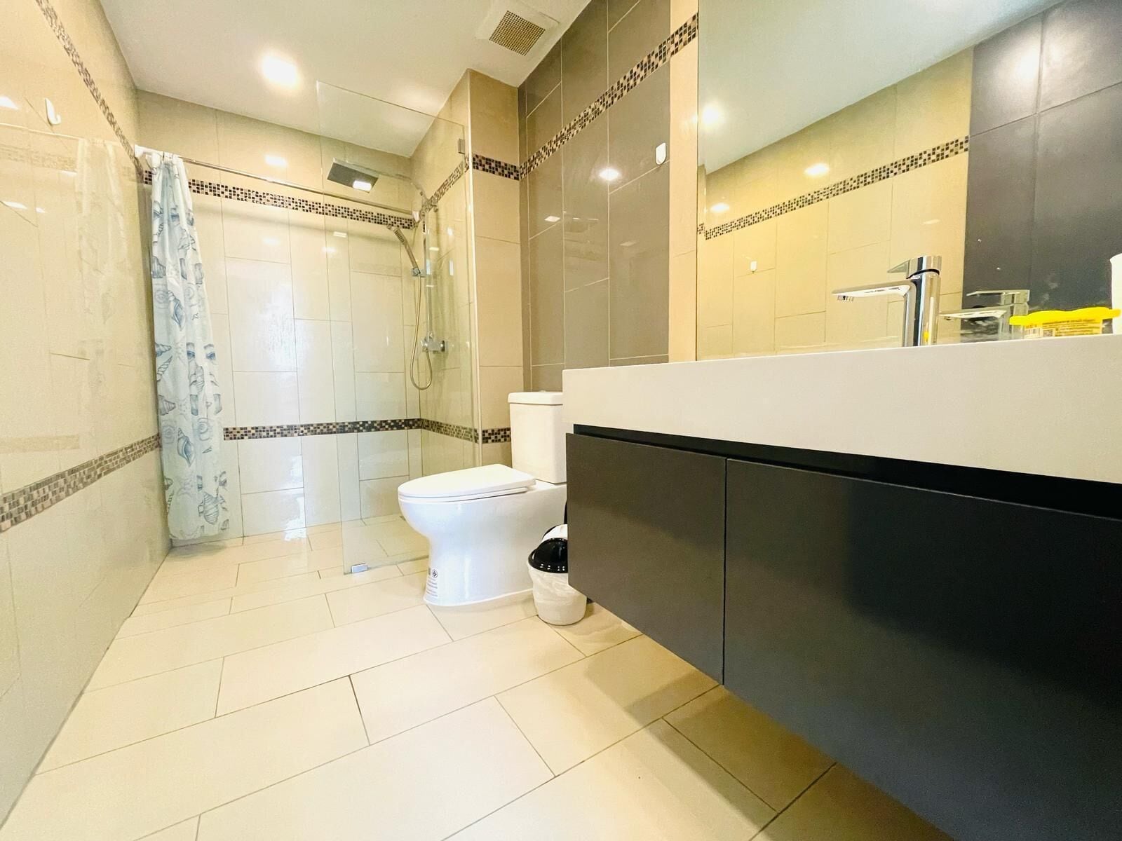 Une salle de bain moderne équipée d’une douche, de toilettes et d’un meuble-lavabo.