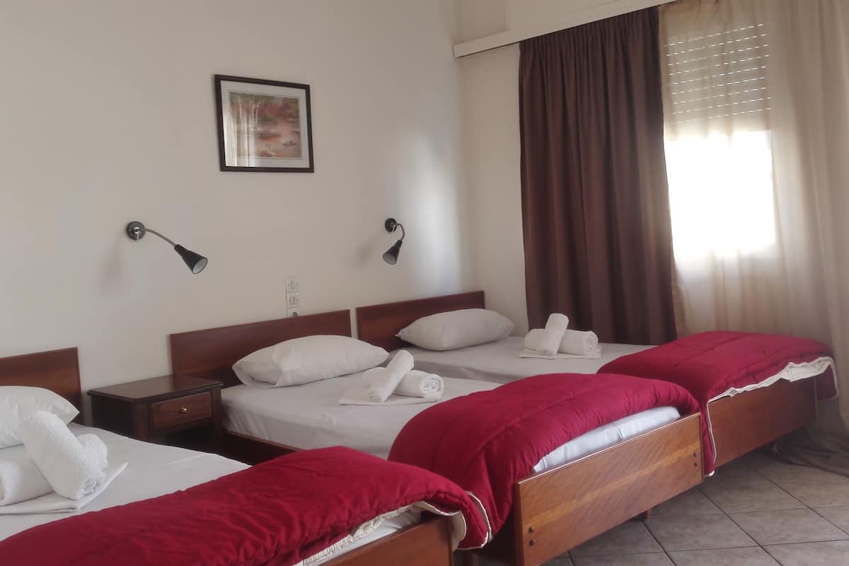 Habitación de hotel con dos camas individuales, cabecero de madera, mesita de noche, lámpara de pared, cuadro enmarcado y ventana con cortinas.