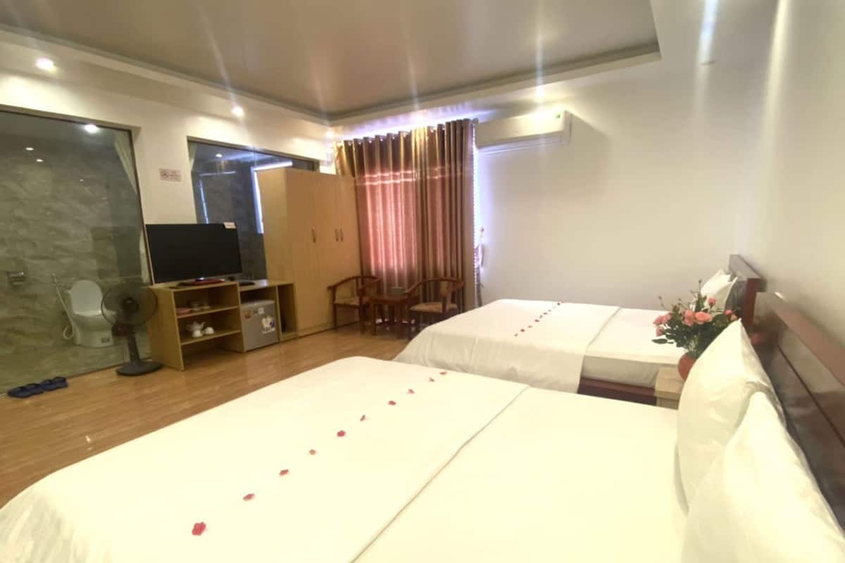 A hotel room with two beds, a TV, a wardrobe, a desk, and a shower area.