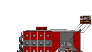 Ein rotes Gebäude mit vielen Fenstern und einem Schild mit der Aufschrift 'ENZO HOTELS'.