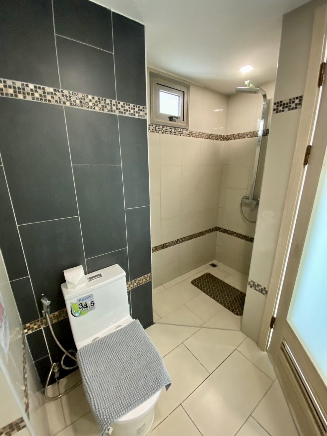 A bathroom with a toilet, a shower, and a small window.