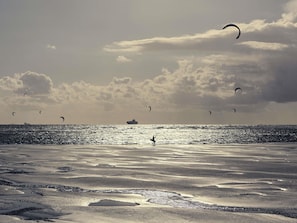 A beach with sand and water, a ship in the distance, and several kites in the sky. - hotelF1 Le Havre - Gonfreville (Gonfreville-l'Orcher)
