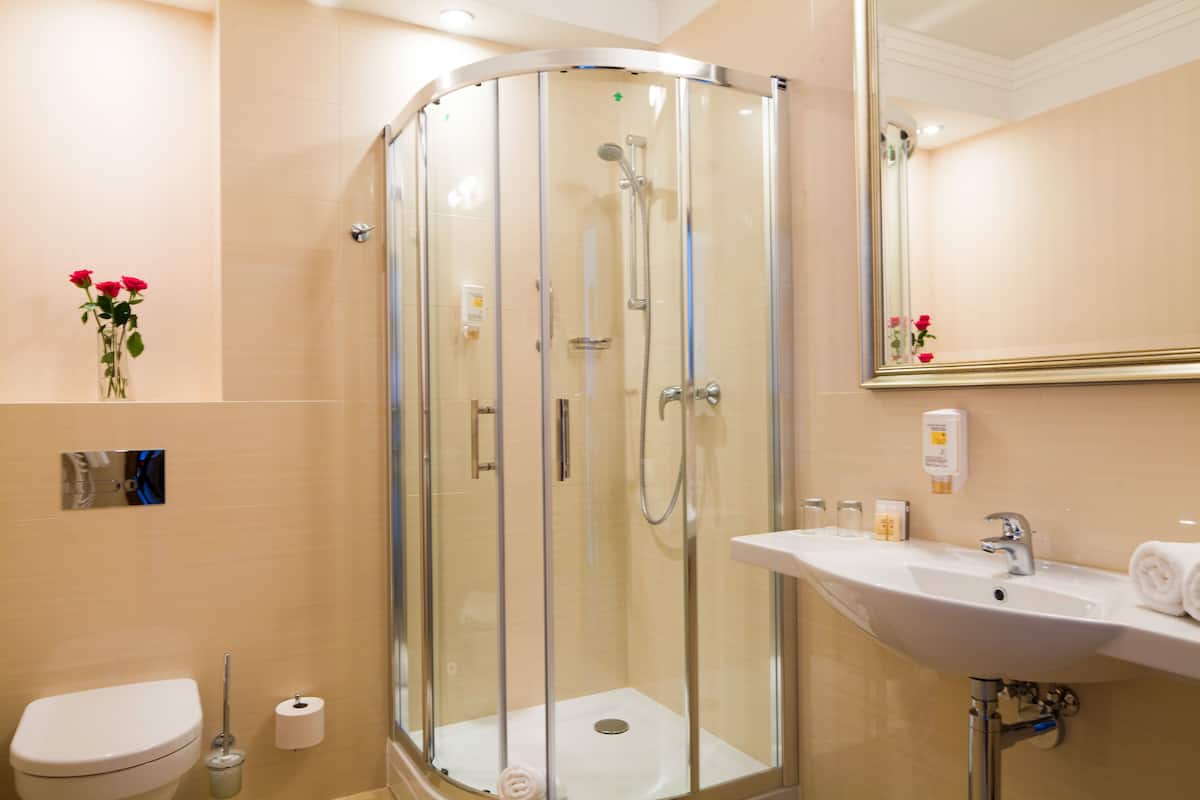 standard room | bathroom | shower, designer toiletries, hair dryer, towels