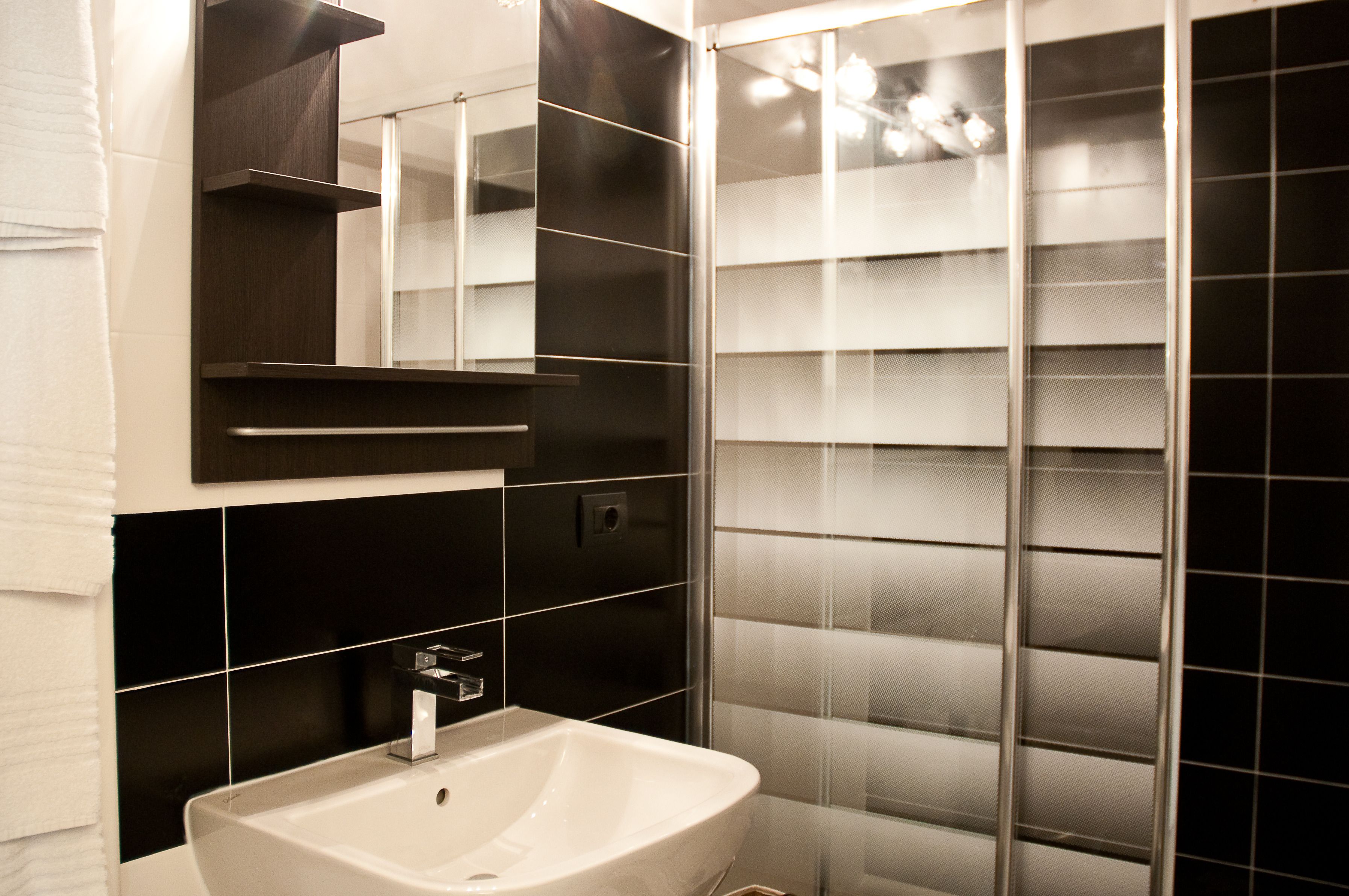 A modern bathroom with a white sink, a mirror, and a glass shower enclosure.