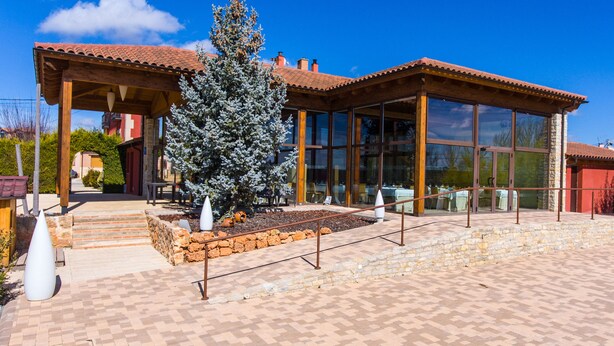 A building with a covered patio, a large tree, and a stone pathway leading to the entrance.