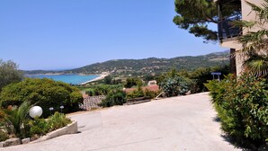 A paved driveway leading to a building with a reception sign, surrounded by lush greenery and overlooking a coastal landscape with hills and a beach. - Domaine Saint Pierre (Cargese)