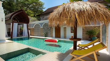 Outdoor pool, pool umbrellas, pool loungers