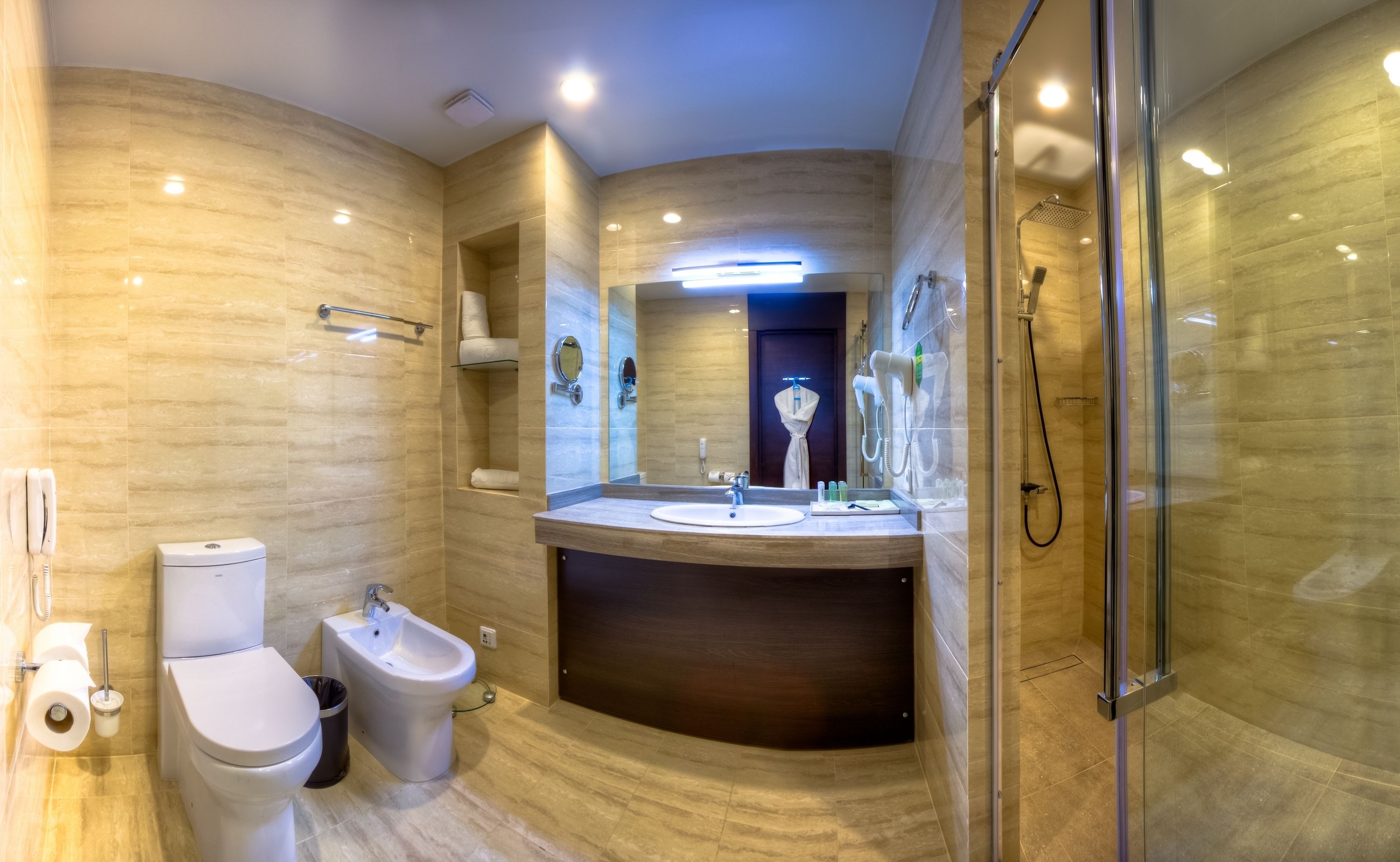 designer toiletries, hair dryer, bathrobes, slippers