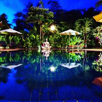 Outdoor pool, pool umbrellas, sun loungers