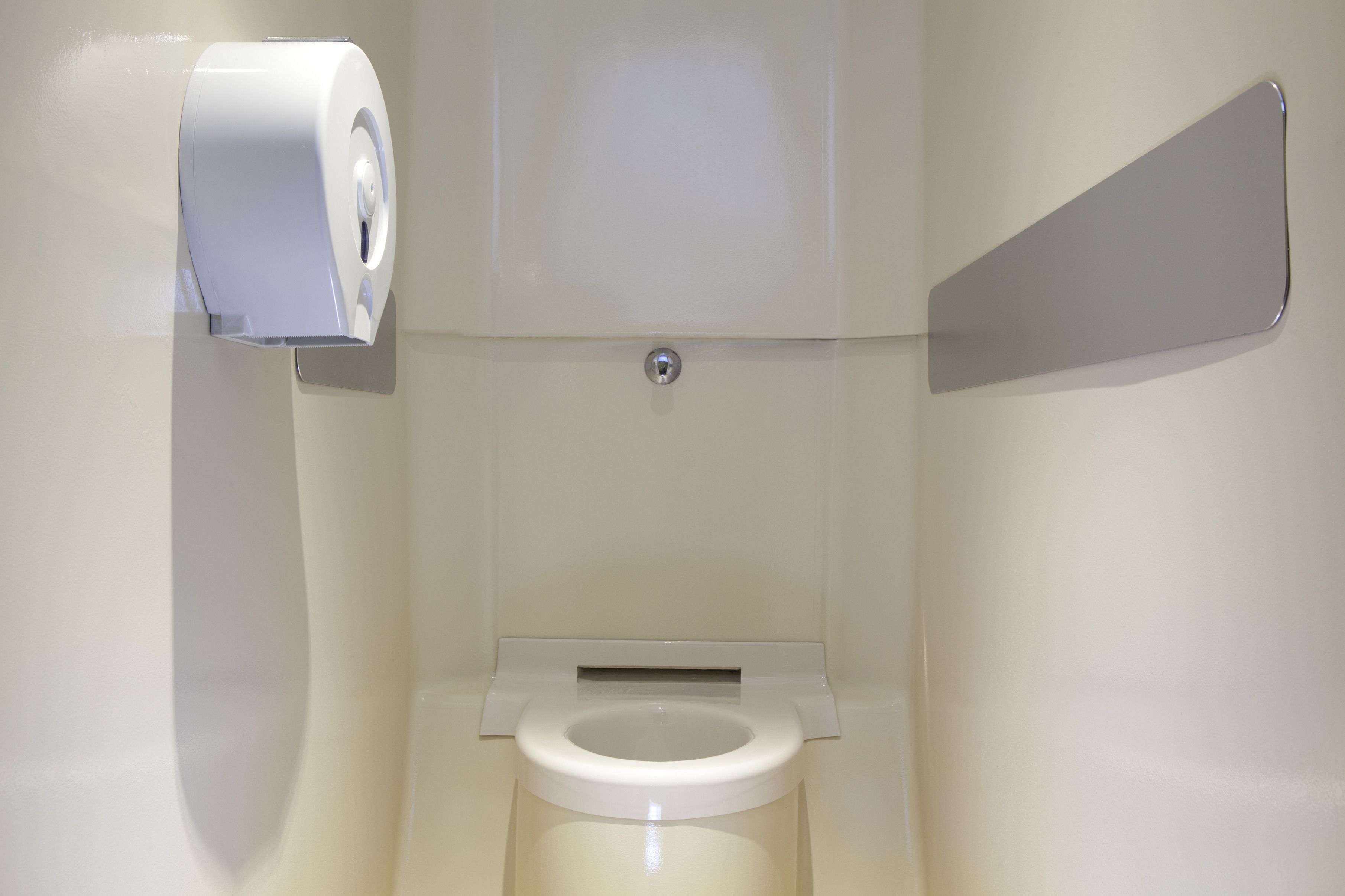 A modern toilet with a wall-mounted paper dispenser and a flush handle.