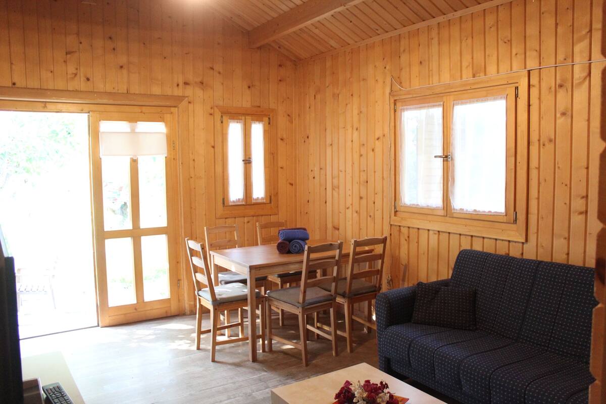 Uma cabana de madeira com área de jantar, um sofá e grandes janelas.