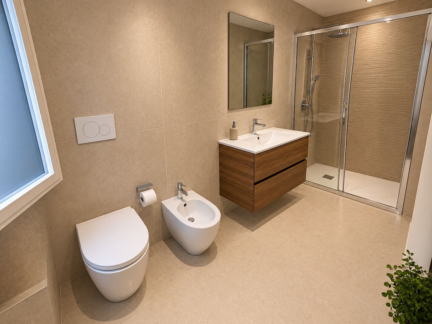 Un baño moderno con inodoro, bidé, tocador, espejo y cabina de ducha de vidrio.
