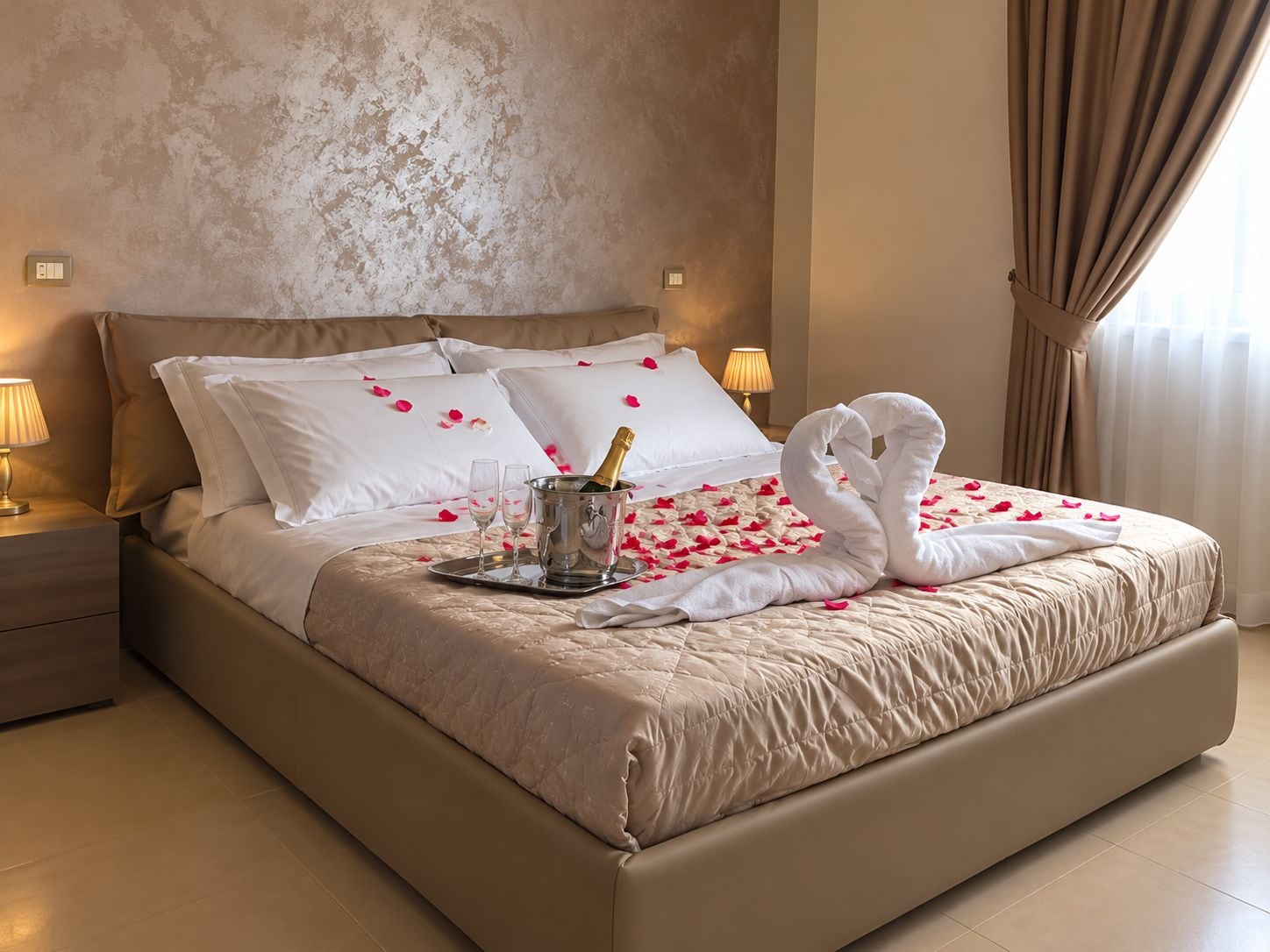 Habitación de hotel con una cama grande, minibar y un cisne decorativo hecho de toallas.