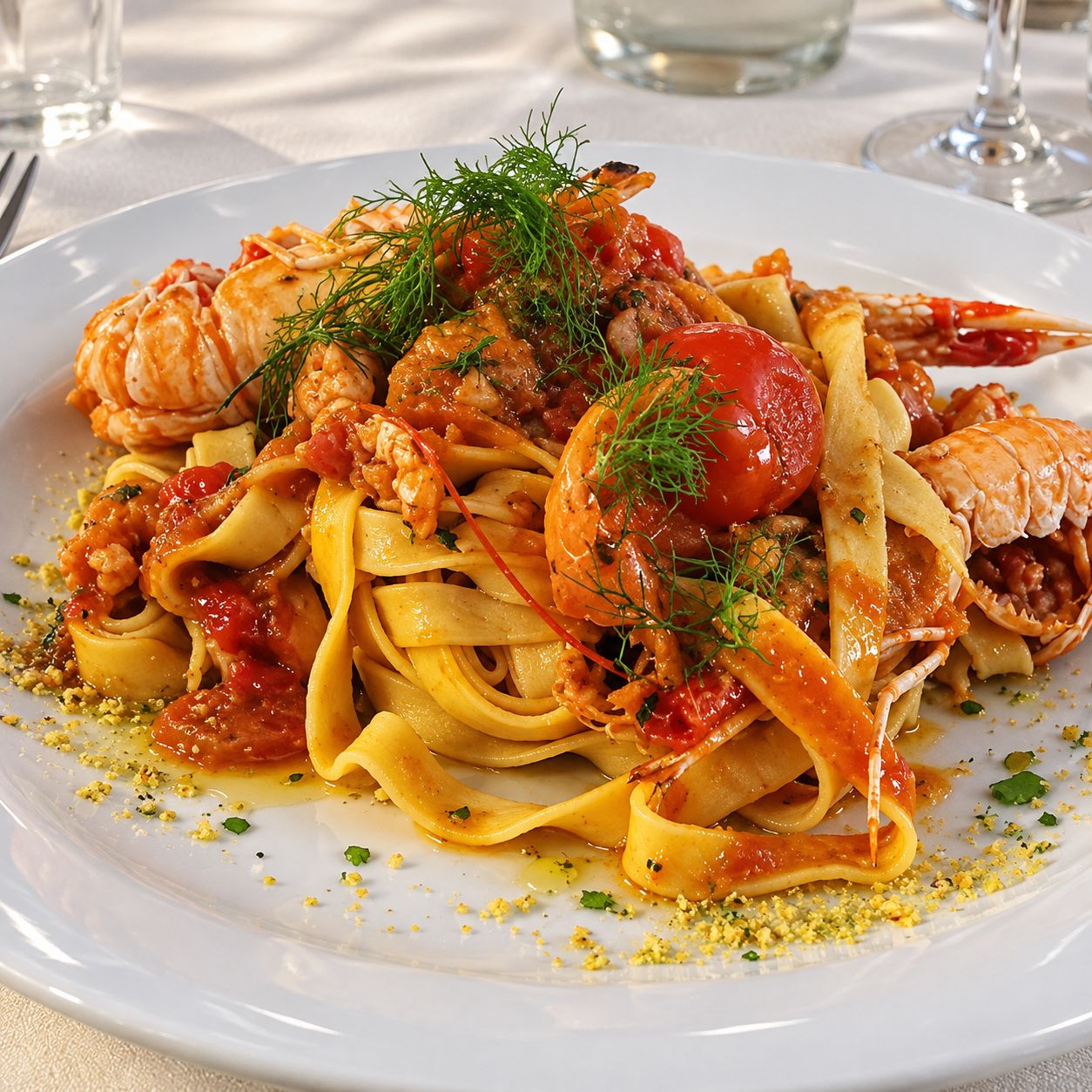 Un plato de pasta con camarones y tomates, adornado con hierbas.