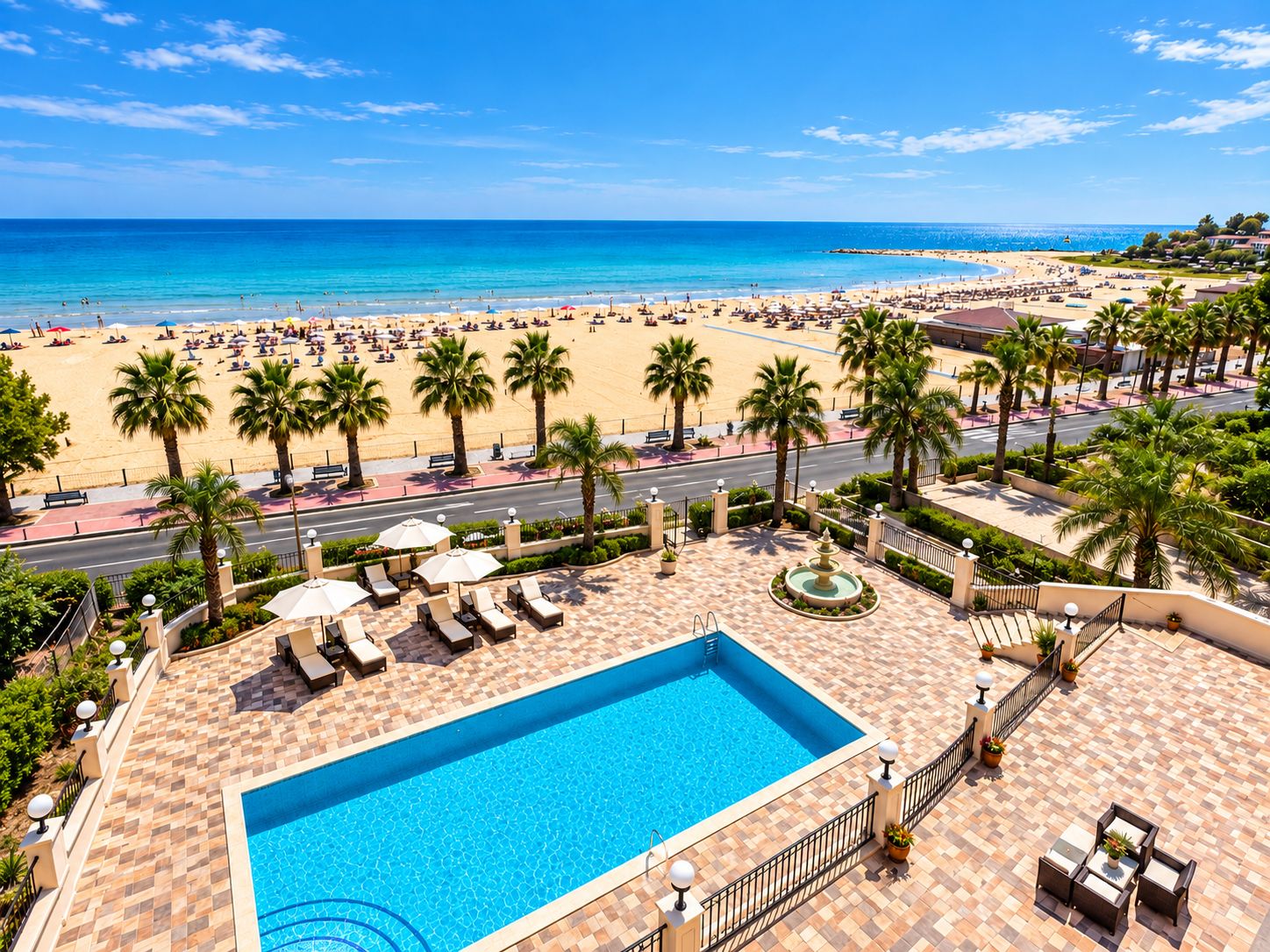 Zona de piscina con vistas a una playa y al océano.
