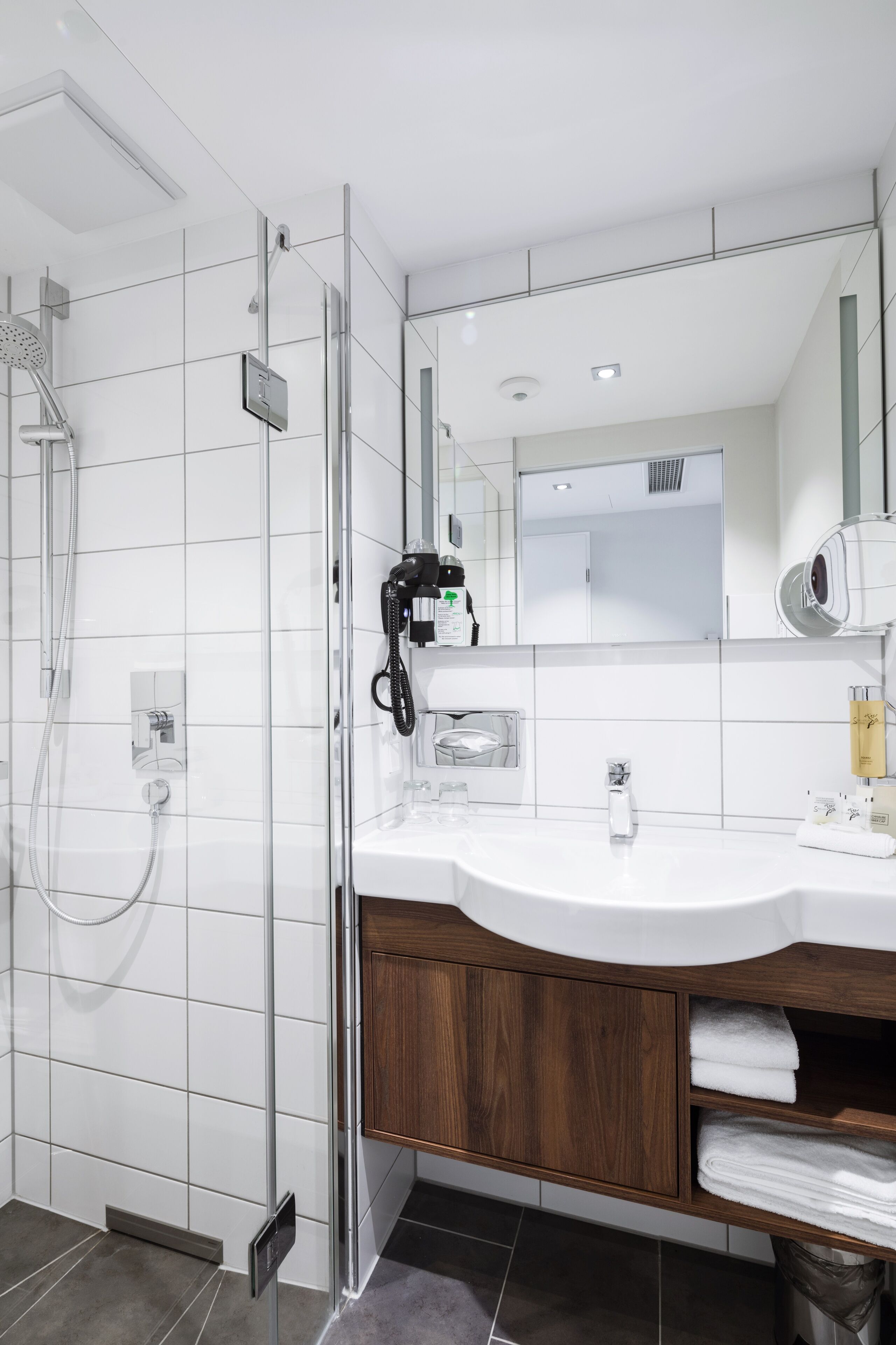 Une salle de bain moderne avec une douche à parois de verre, un lavabo blanc et un meuble-lavabo en bois.