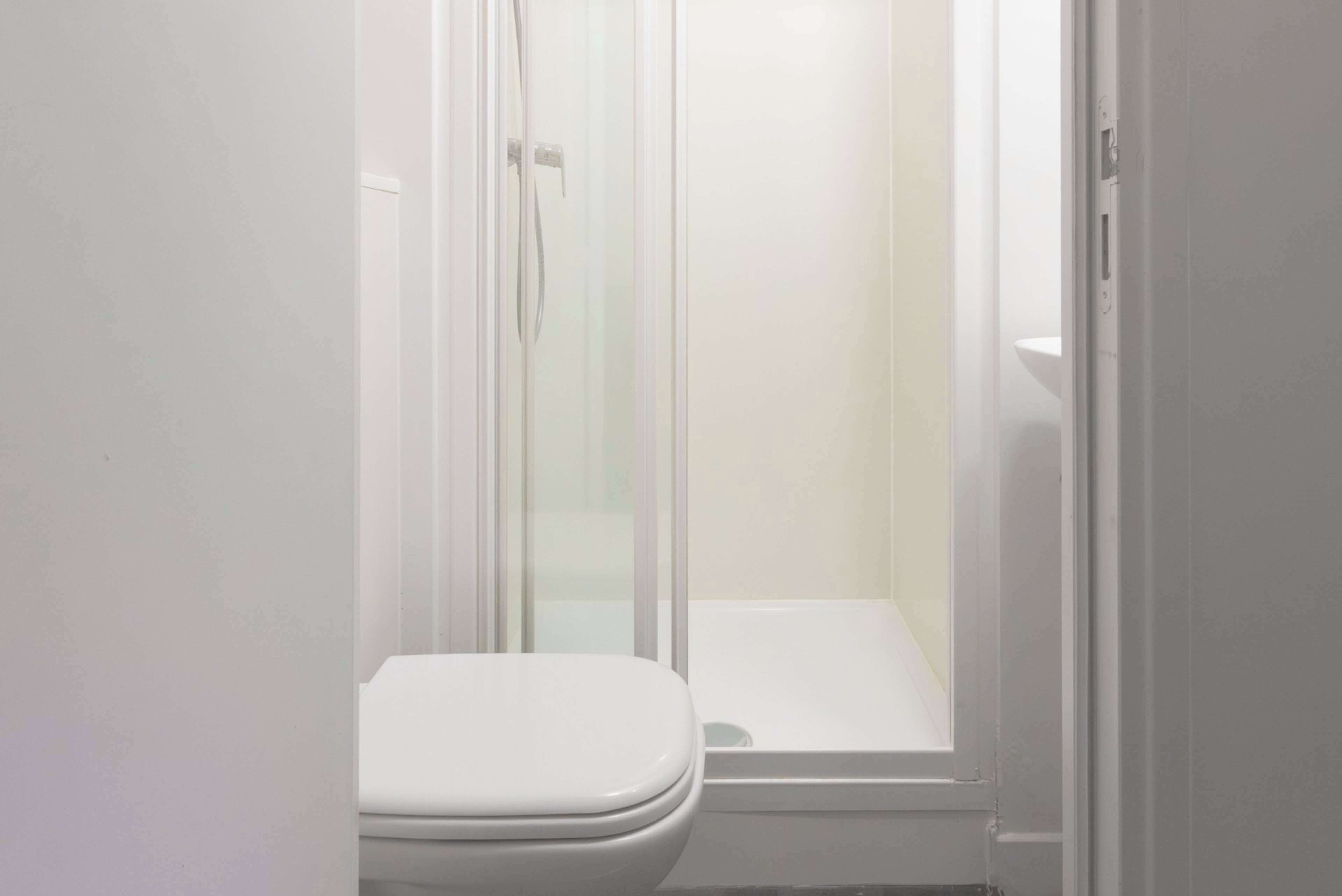 A bathroom with a toilet and a glass-enclosed shower area.
