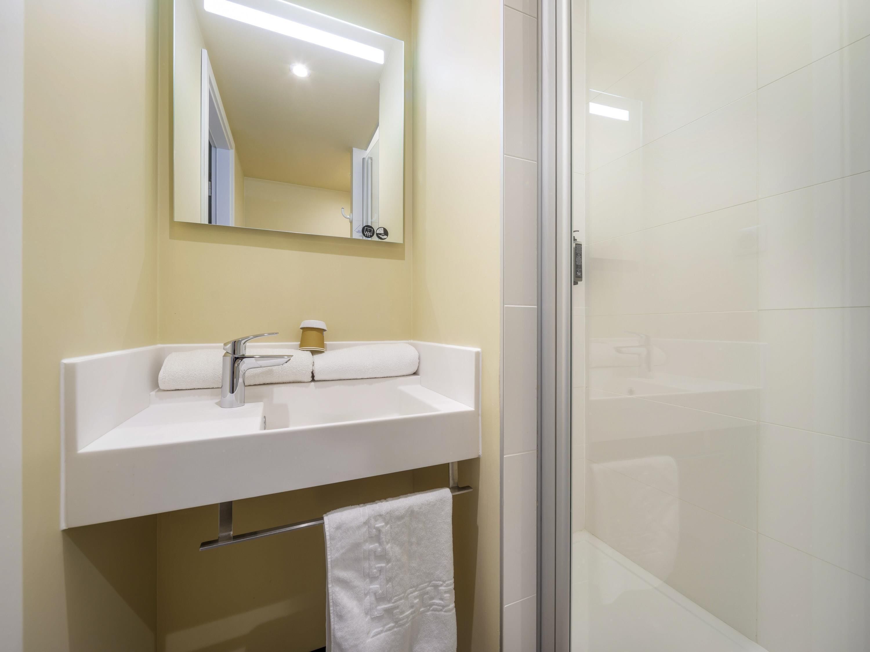 Une salle de bain avec un lavabo blanc, un miroir et une cabine de douche en verre.